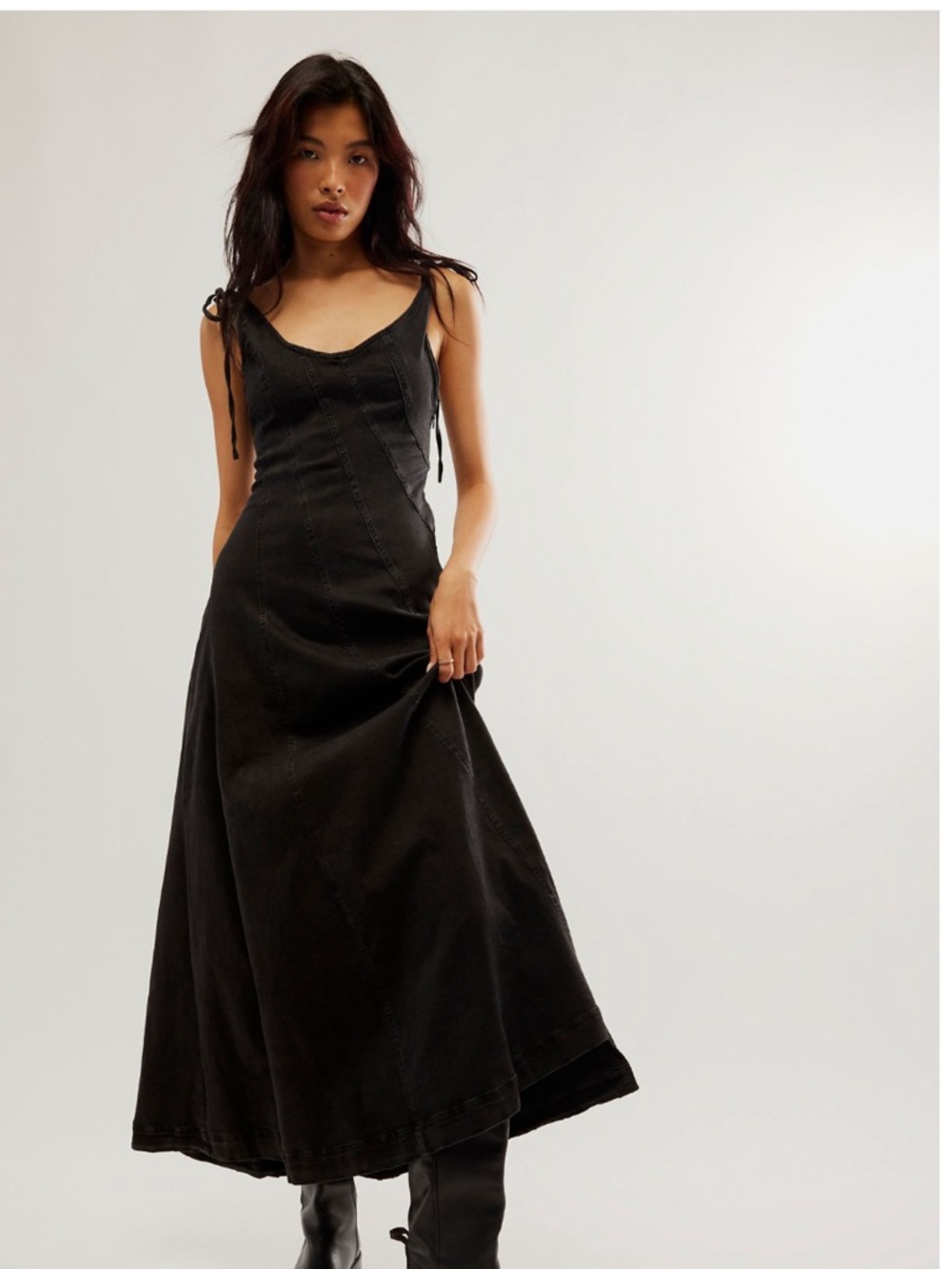Free People Esmerelda Seamed Black Denim Tie-Shoulder Midi Maxi Dress Small NWT